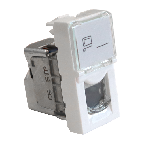 22.5x45 Mosaic insert, RJ-45 STP, category 6, with shutter and enlarged label field, white